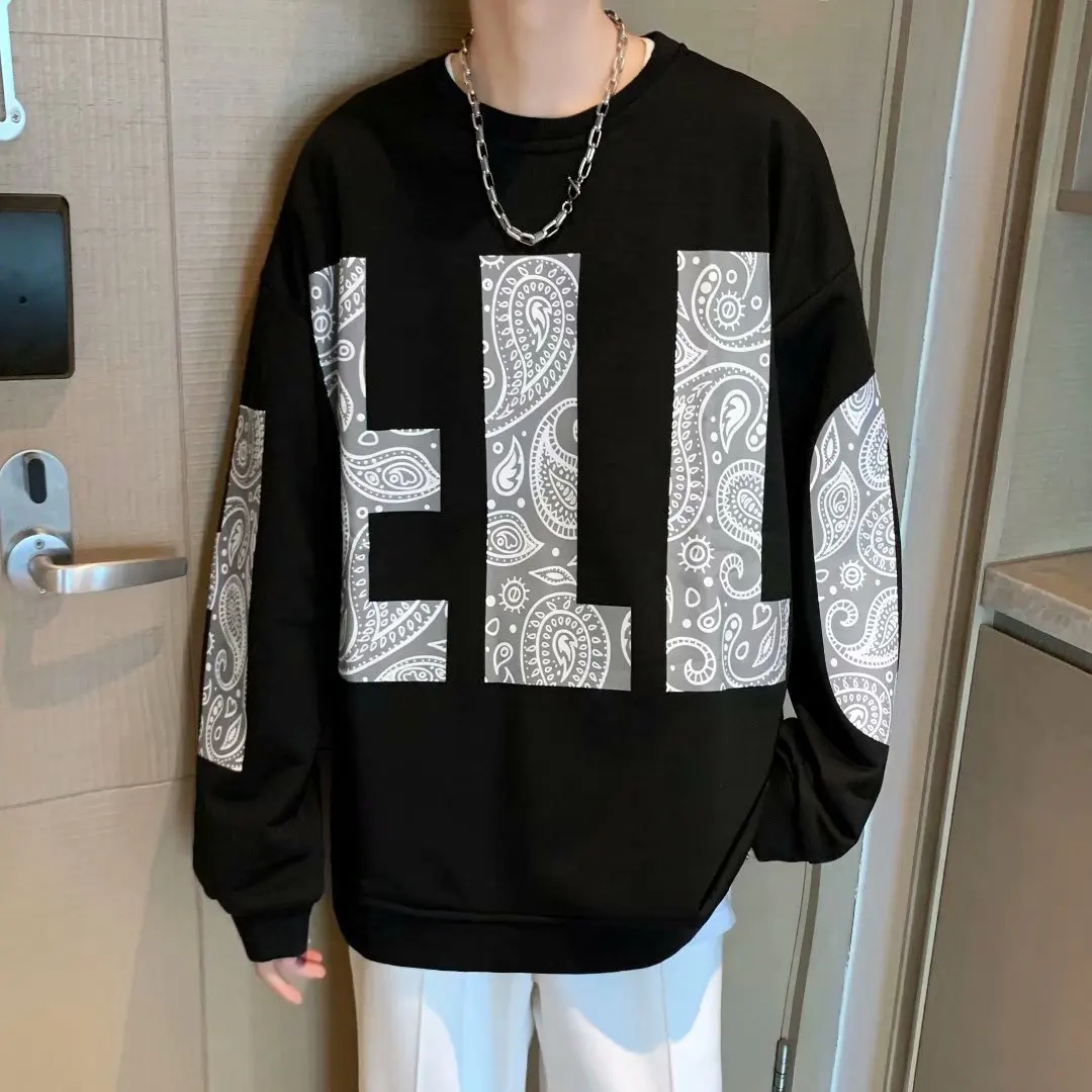 

Men's Fashion Cashew Flower Print Round Neck Plus Velvet Sweatshirt 2021 New Trend Hip-hop Pullover Coat Harajuku Men's Clothing