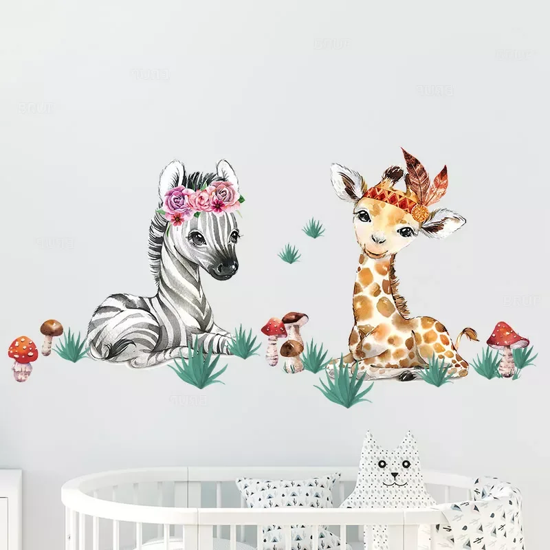 

Watercolor Cartoon Africa Animals grassland Wall Stickers for Kids Room Baby Nursery Room Decoration Elephant Giraffe Stickers