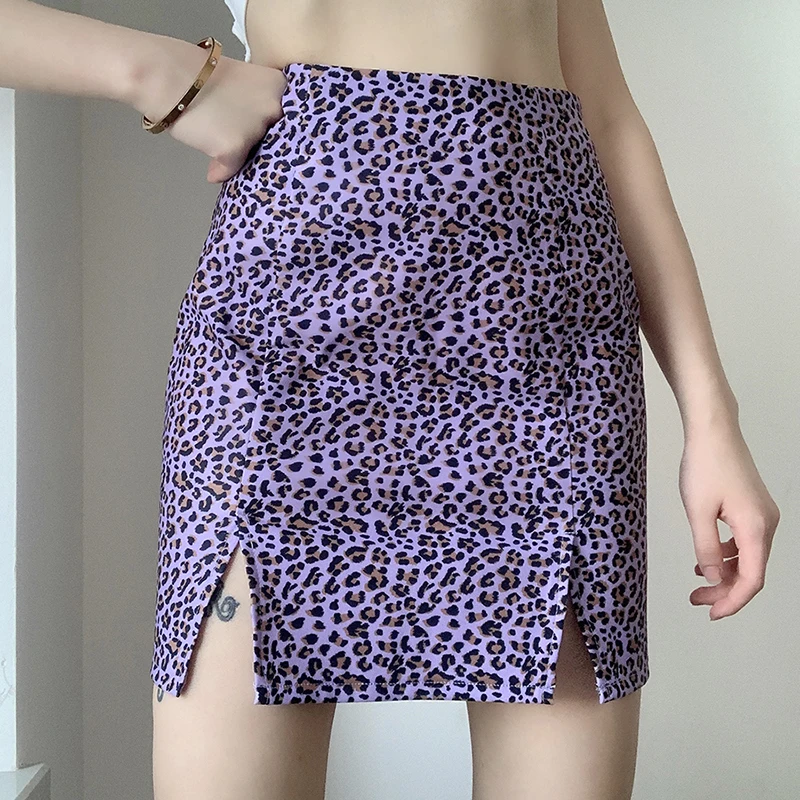 

Spring and summer 2021 new purple high waist split skirt, all-match thin leopard print A-line skirt female