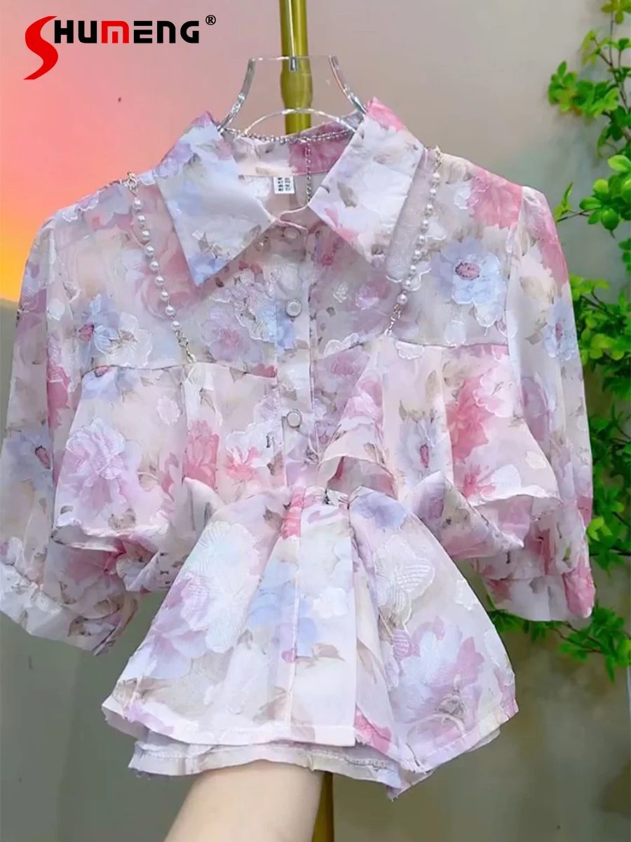 

Loose Half Sleeve Floral Shirts for Women 2022 Summer New French Style Woman's Thin Ruffled Single-breasted Puff Sleeve Tops