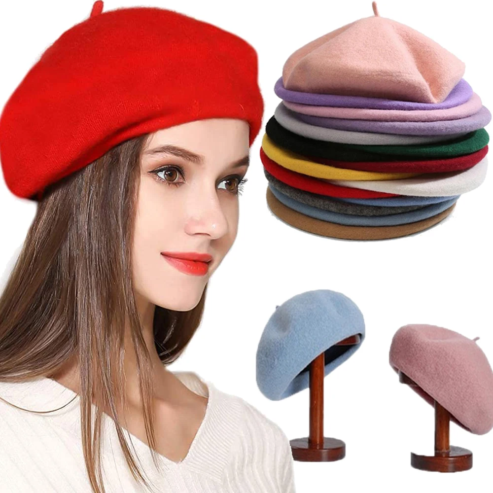 

Elegant Women Girl Beret French Artist Warm Wool Winter Beanie Hat Cap Vintage Plain Beret Hats Solid Color Lady Winter Caps