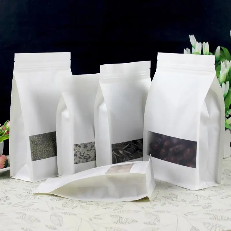 

50pcs 3D White Stand up Paper Window Zip Lock Packaging Bag Resealable Snack Cookie Tea Coffee Spice Sugar Nuts Storage Pouches