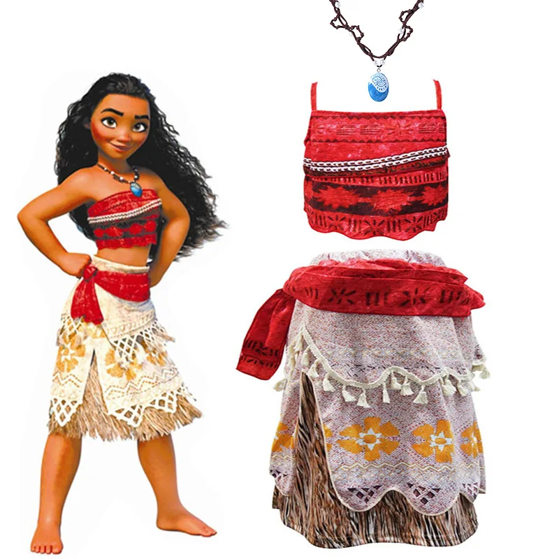 Kids Girls Clothes Cosplay Costumes Moana Princess Dress Vaiana Adventure Summer Beach Outfit Halloween Party Fancy Necklace Set