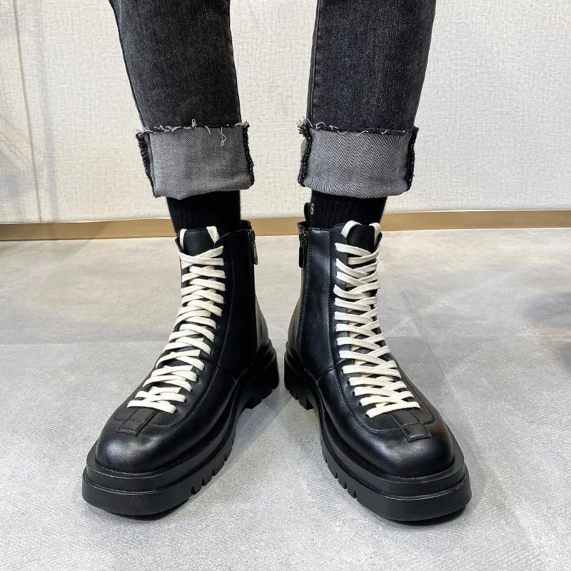 

large size men's fashion original leather boots lace-up platform shoes cowboy autumn winter boot handsome ankle botas masculinas