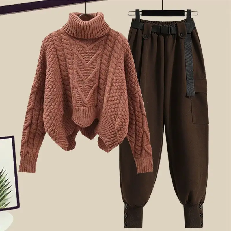 Осень-зима женская водолазка в стиле сафари короткий свитер брюки-карго комплект