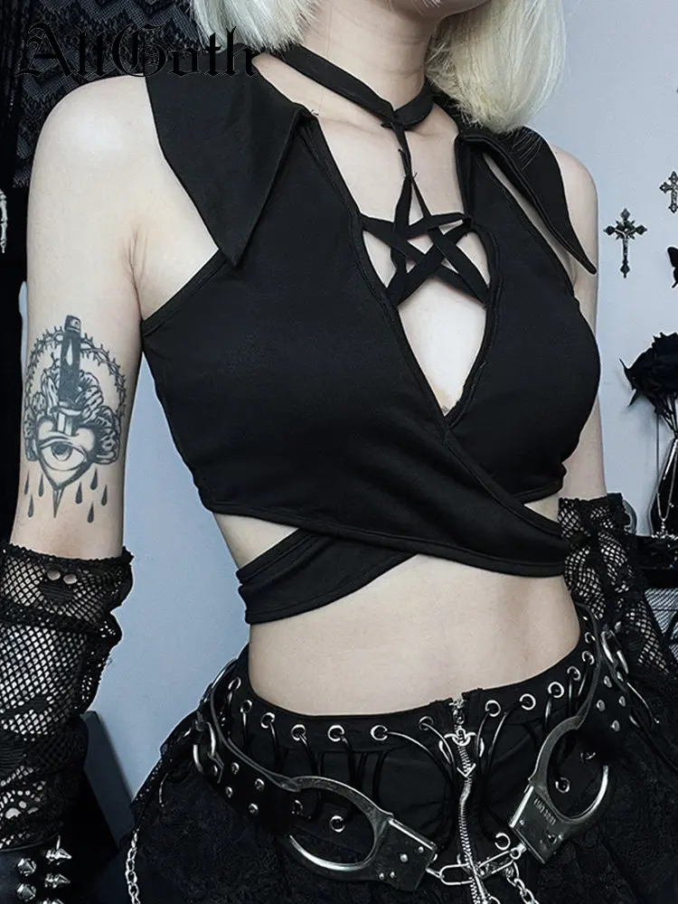 

Женский винтажный укороченный топ-майка AltGoth в готическом стиле, уличная одежда в стиле киберпанк с пентаграммой и вырезами, Y2k