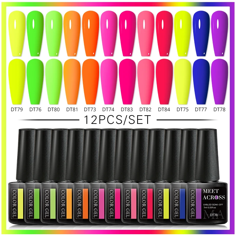 

10/12Pcs Fluorescent Gel Nail Polish Set Neon Color Gel Semi Permanent Soak Off UV Led Hybrid Gel Varnishes Base Top Coat Kits