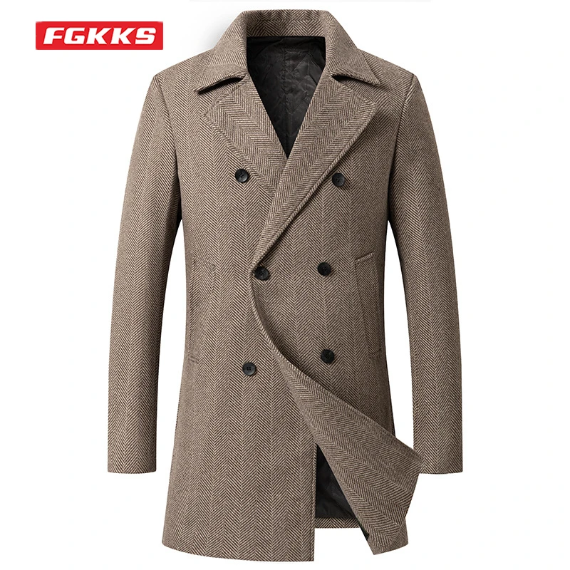

FGKKS 2022 Men Winter Wool Coat Men's Autumn High Quality Solid Color Simple Wool Blends Woolen Pea Coat Trench Coat Male