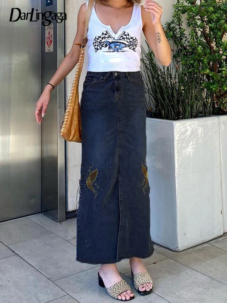 

Darlingaga Retro Fashion Y2K Butterfly Embroidery High Waist Denim Skirt Women Lace Up Streetwear Long Skirt Split Aesthetic New