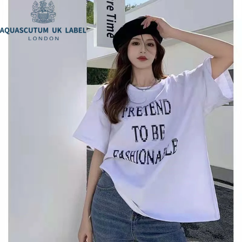 

Футболка Aquascutum женская с круглым вырезом, модный топ свободного покроя средней длины, нижняя одежда, топ с коротким рукавом, черный цвет