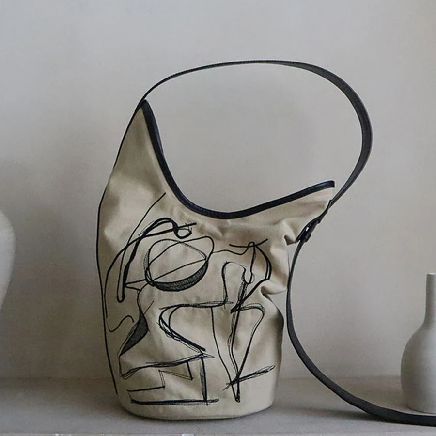 

Модные холщовые сумки-ведра в Корейском стиле с граффити, женские повседневные сумки через плечо, женская сумка-шоппер, винтажные женские с...