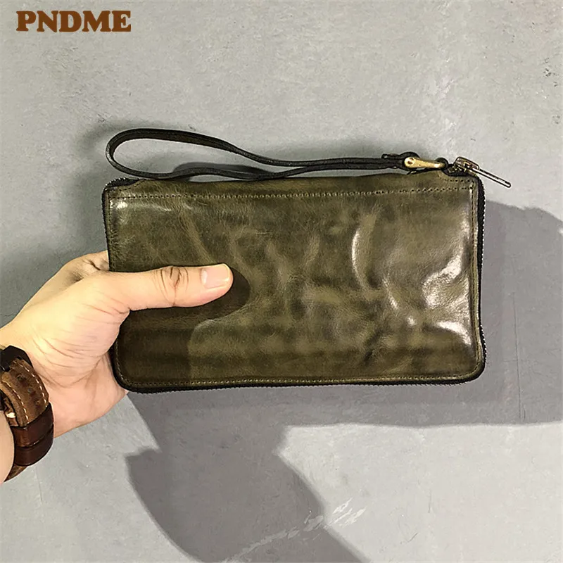 PNDME fashion retro luxury natural genuine leather men women's clutch high quality first layer cowhide phone card holder clutch