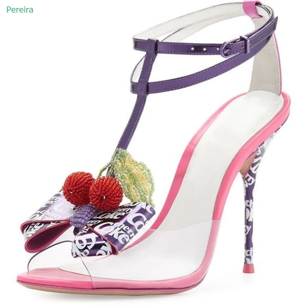 

Cherry Bow Buckle Sandals Women's Round Toe Stiletto Mixed Colors Hollow High-heeled Summer New Arrival Confortable Sweet Shoes