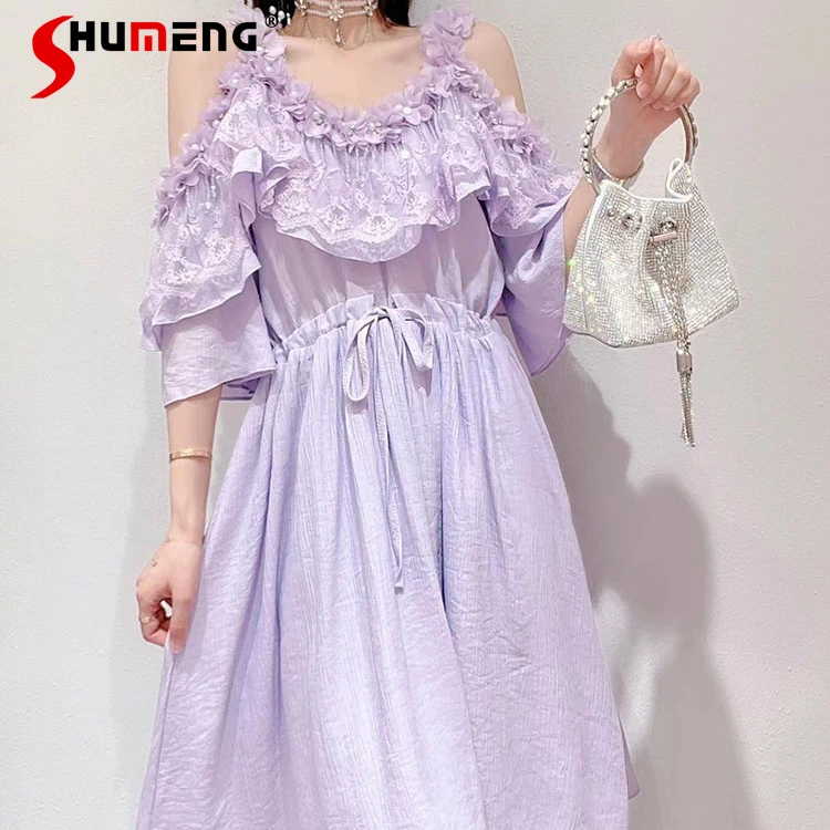 

New Women's Fashion Fairy Off-Shoulder Spaghetti Straps Dress Female Summer Korean Style Sweet Beads 3D Flower Slim Waist Dress