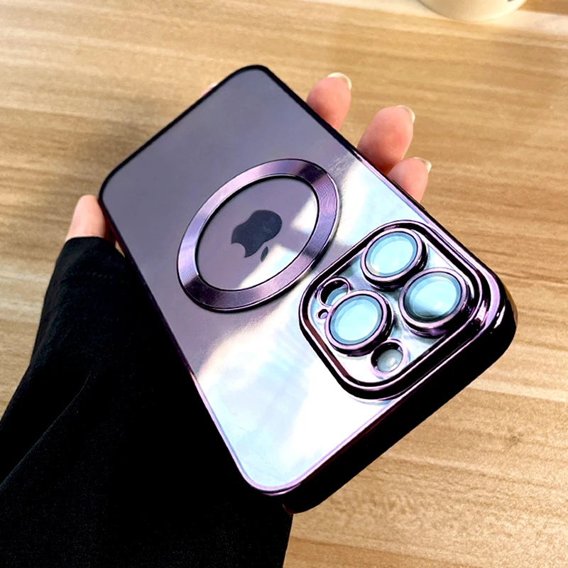 Transparent Magnetic Purple Case For iPhone 14 13 12 11 Pro Max For Magsafe Soft Full Protective Cover With Lens Protection etui