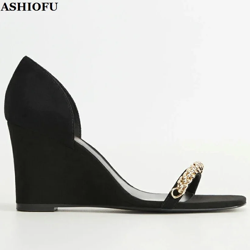 

ASHIOFU Handmade New Black Style Womens Wedges Heels Sandals Buckle Strap Chains Open-toe Summer Evening Fashion Prom Club Shoes