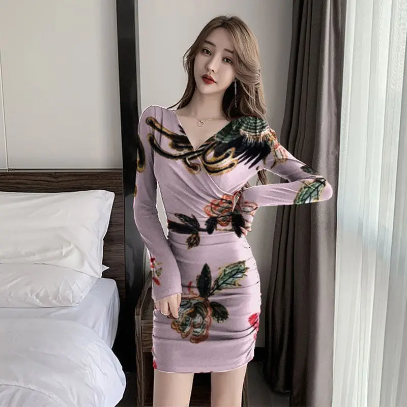 

2022 Spring New Women V-Neck Floral Print Slim Sexy Dress Women's Loose Short Mini Clothes Girls Party Streetwear Chic M217
