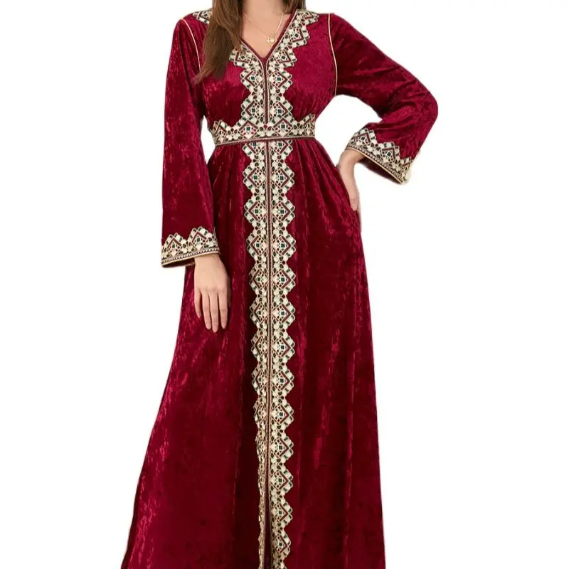

Abayas For Women Floral Embroidery Moroccan Caftan Belt Long Sleeve Luxury Velvet Split Hem Slim A-Line Party Dresses