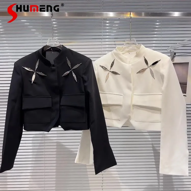 

Women's Long Sleeve Solid Color Short Coat 2022 Spring New Clothing Double Pocket Metal Sheet Decorative Stand Collar Jacket