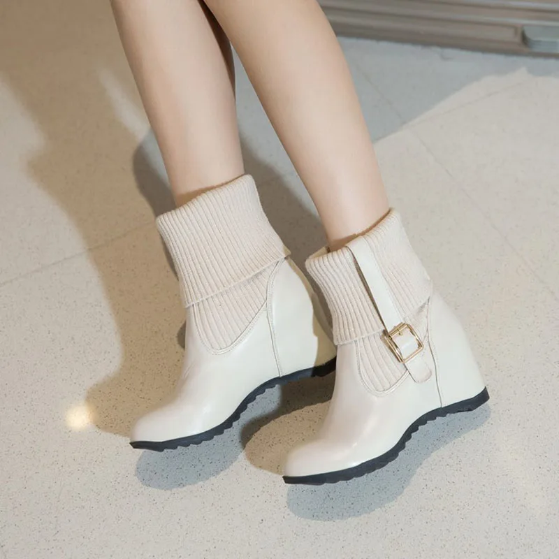 Winter Plush Knitted Stretch Boots Women 2022 Weave Mid-calf Bottines Wedges High Heels Belt Buckle Riding Botas De Mujer 34-43
