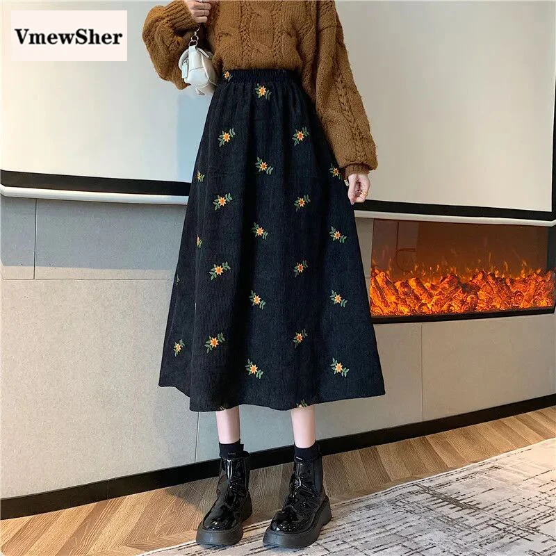 

VmewSher New Spring Corduroy Women Skirt Vintage Floral Mid-calf Length Long Black Elastic Waist a Line Lady Elegant Skirts