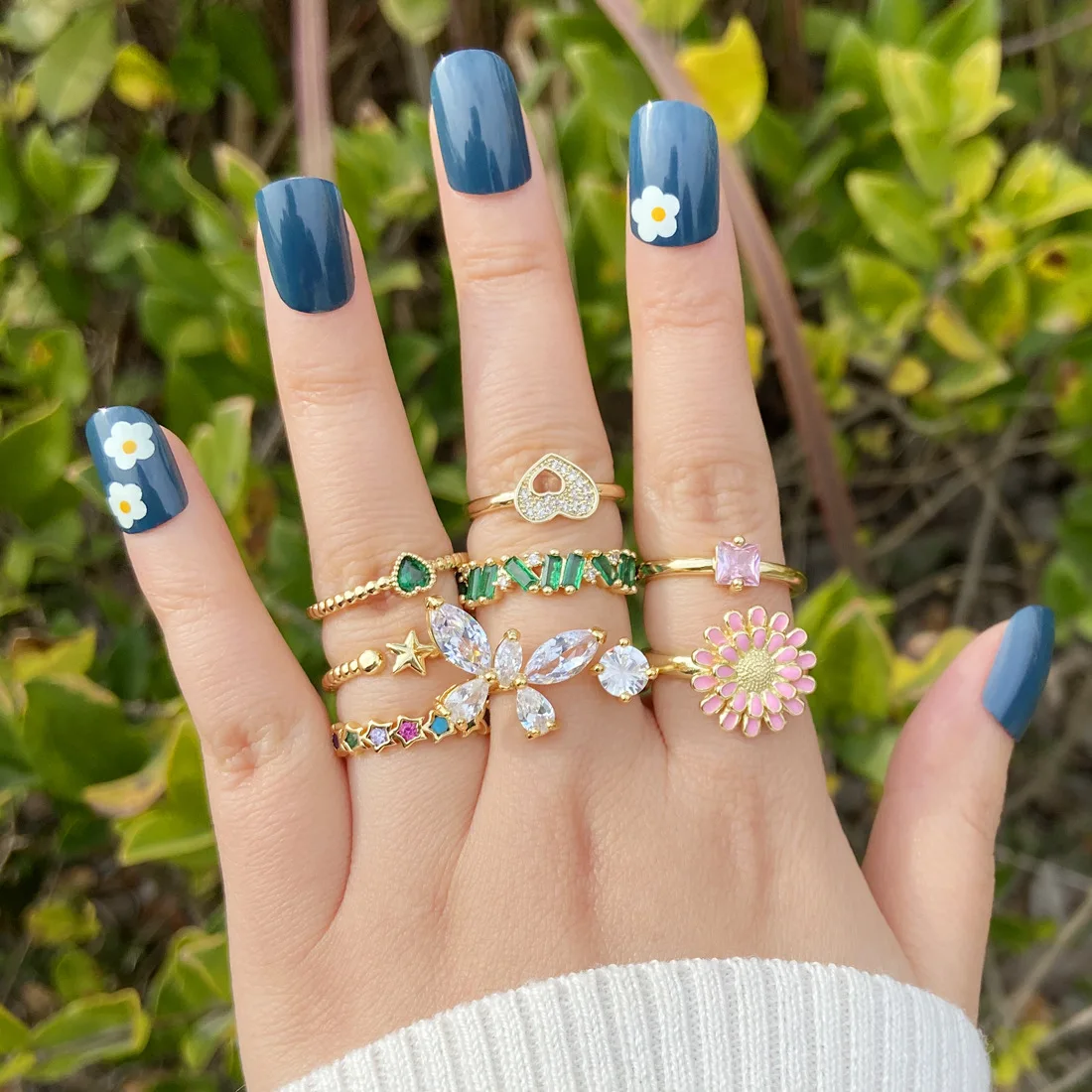 

Fashion Gold Plated Daisy Star Heart Butterfly Styles Copper Zircon Rings Adjustable Crystal Ring jewelry Gift for Woman