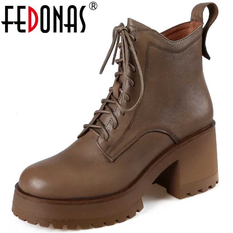 

FEDONAS Autumn Winter Women Ankle Boots Working Casual Thick Heels Genuine Leather Cross-Tied Platforms Shoes Woman 2023 Newest