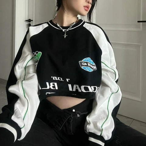 Long Sleeve Sweatshirts Spring Autumn Casual Loose Patchwork Print Y2k Clothes Punk Gothic Contrast Color Streetwear Crop Tops