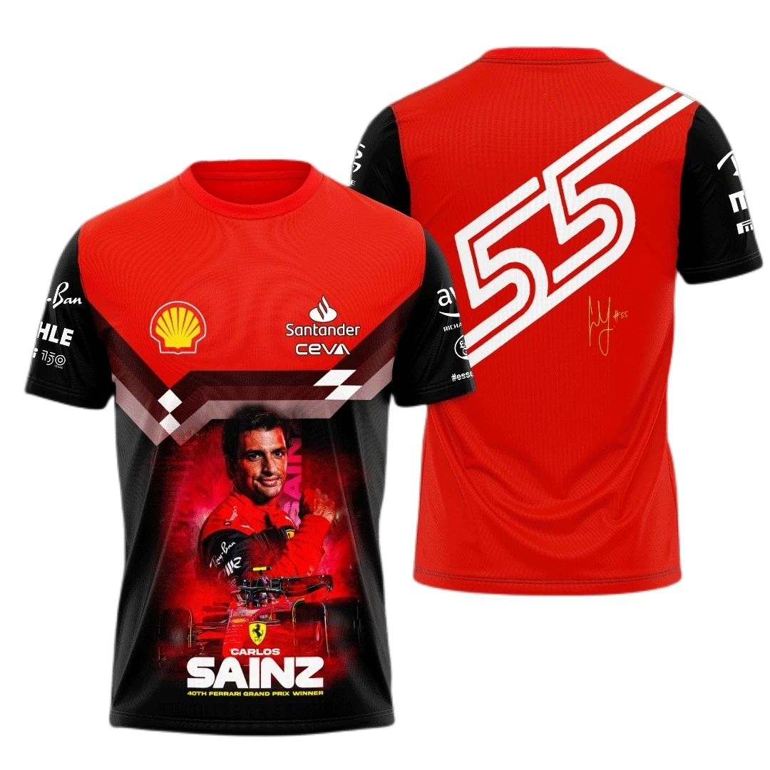 F1 Ferrari Team T-shirt Driver 16 Leclerc 55 Sainz Formula One Team New Summer 3D Printed Men's Short Sleeve Clothing T-shirt images - 6