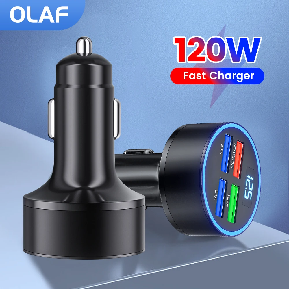 

Olaf 4 Ports 120W USB Car Charger Fast Charging Quick Charge 3.0 For iPhone 14 13 12 Xiaomi Huawei Mobile Phone Charger Adapter