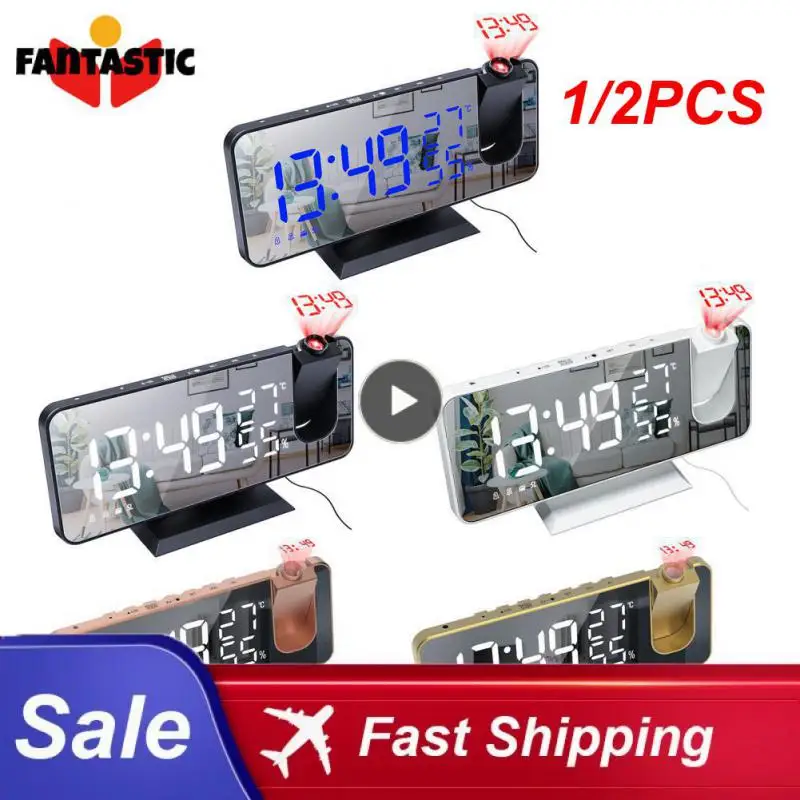 

1/2PCS Digital Projection Alarm Clock Electronic Alarm Clock with Projection FM Radio Time Projector Bedroom Bedside Mute Clock