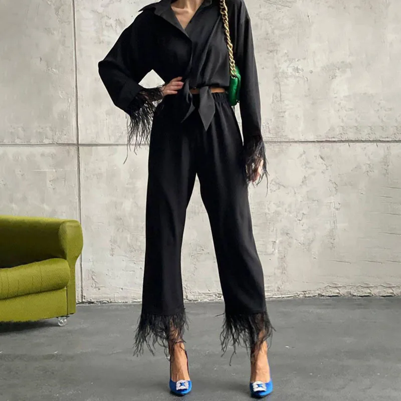 Fashion Feather Spliced Trouser Suits 