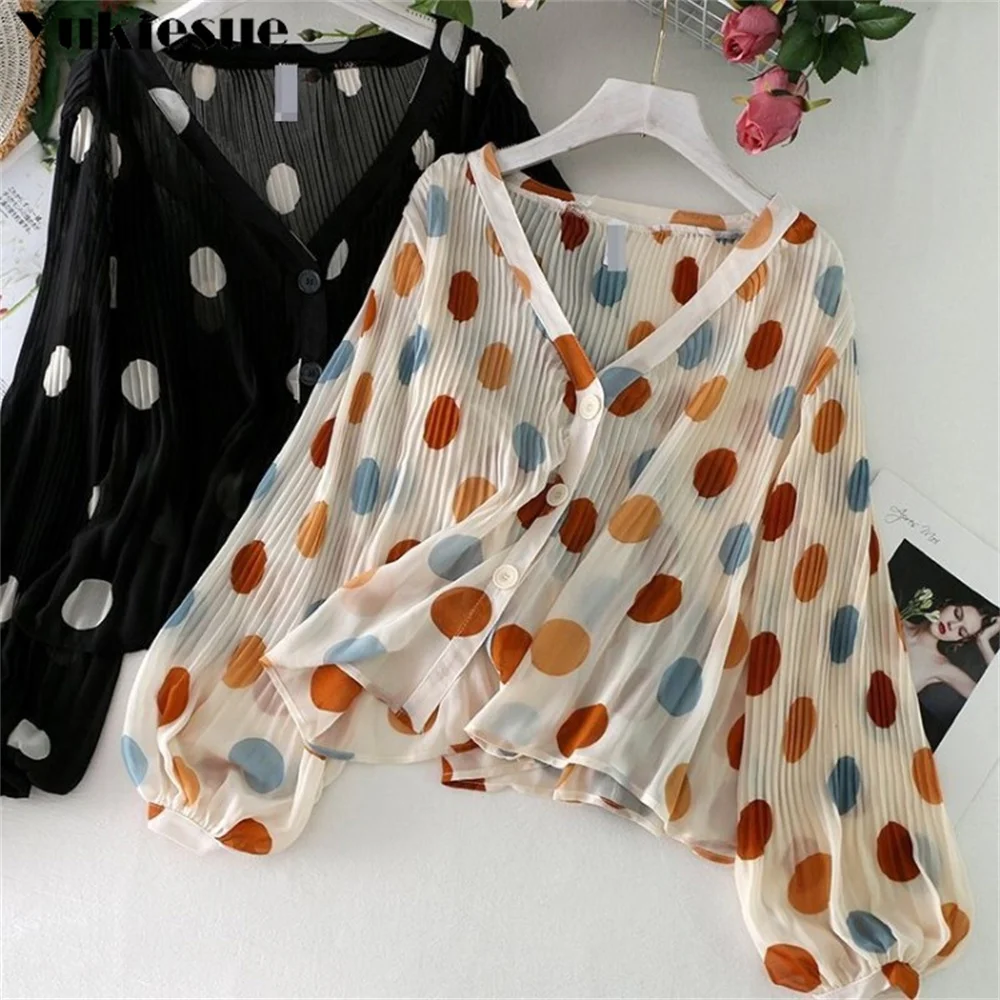 

Elegant Women's summer blouses dot pleated chiffon woman tops women shirt blouse chemise femme blusas blusa feminina long sleeve