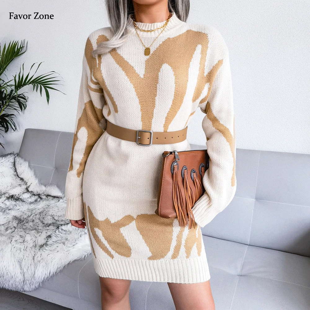

Y2K Style Geometric Vintage Knitted Women Dress Casual O-neck Long Sleeve Slim Mini Elegant Autumn Winter Sweaters Dress Ladies