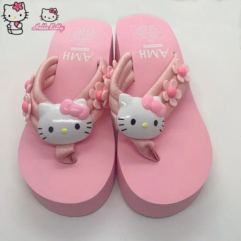 

Hello Kitty Non-Slip Slippers Summer Y2K Kawaii Ladies Slippers Women's Leisure Shoes Wedge Flip Flop High Heels Beach Slippers