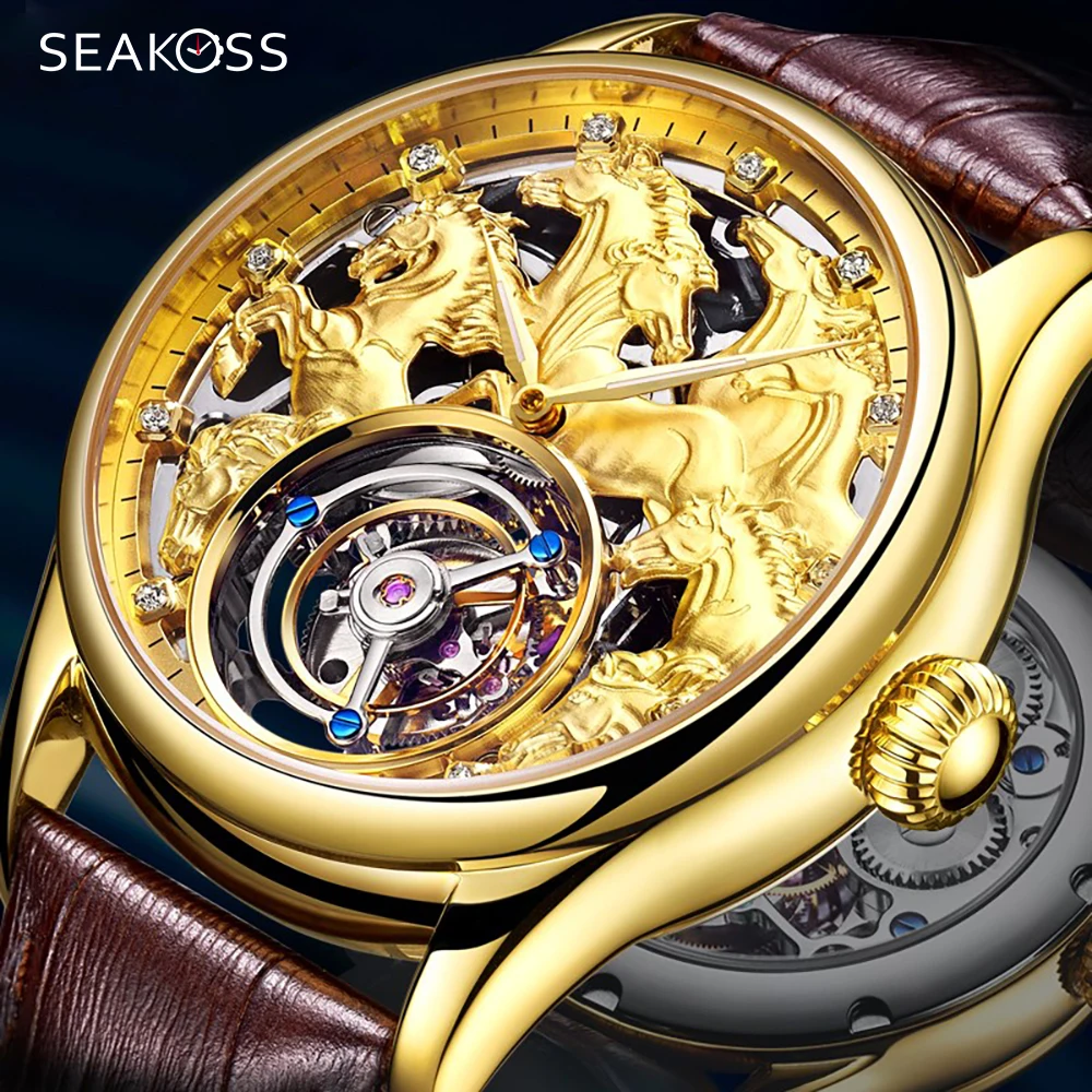 

Gold Zodiac Horse Men's Full Skeleton Luxury Tourbillon Mechanical Watch Sapphire Mens Genuine Leather Watches Relogio Masculino