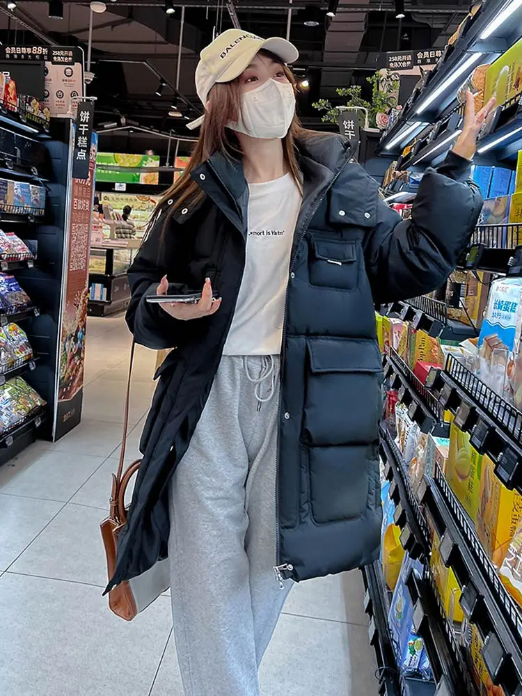 Vielleicht 2022 Casual Loose Hooded Parkas Winter Jacket Women Fashion Solid Thick Long Coat Women Elegant Cotton Padded Clothes