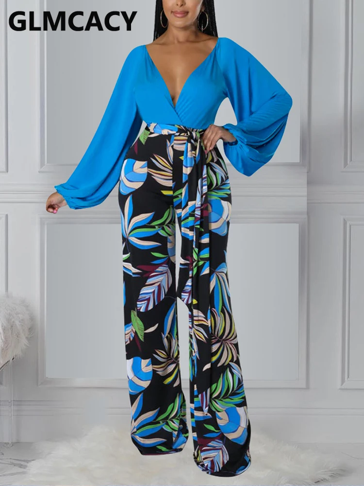 

Women Lantern Sleeve V Neck Tropical Printed Jumpsuit Elegant Loose Overalls
