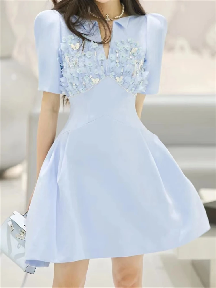 Solid Dresses Women 2023 Summer Boho Embroidery Woman Elegant Lace Dress Short Sleeve A-Line Vintage Sexy Mesh Party Blue Robe