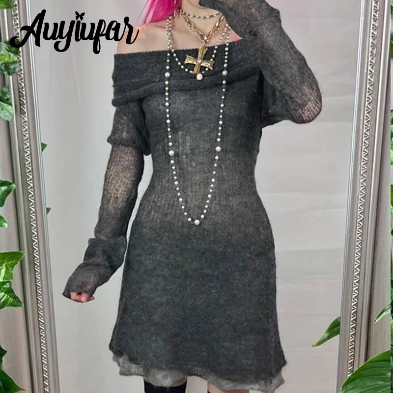 

Auyiufar Off Shoulder Fairy Grunge Aesthetic Dresses Retro Y2k Knitted Hollow Out Dress For Women Long Sleeve Autumn Streetwear