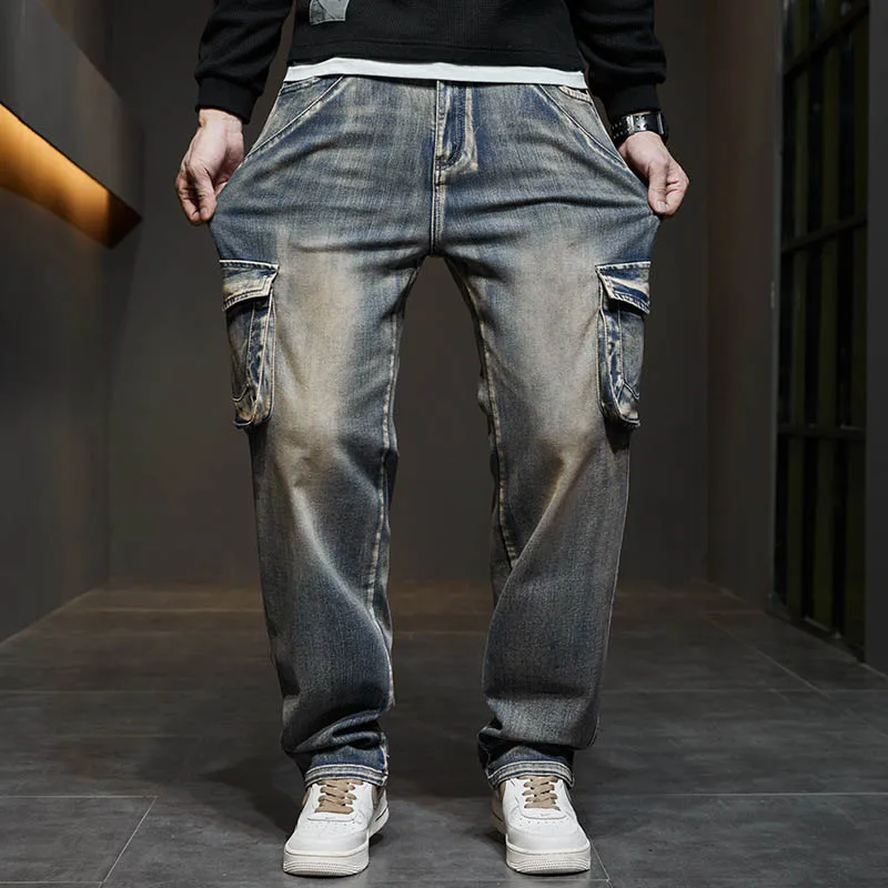 

Брюки-карго мужские джинсовые, винтажные повседневные Прямые штаны из денима, для скейтборда, с несколькими карманами, Размеры 29-42