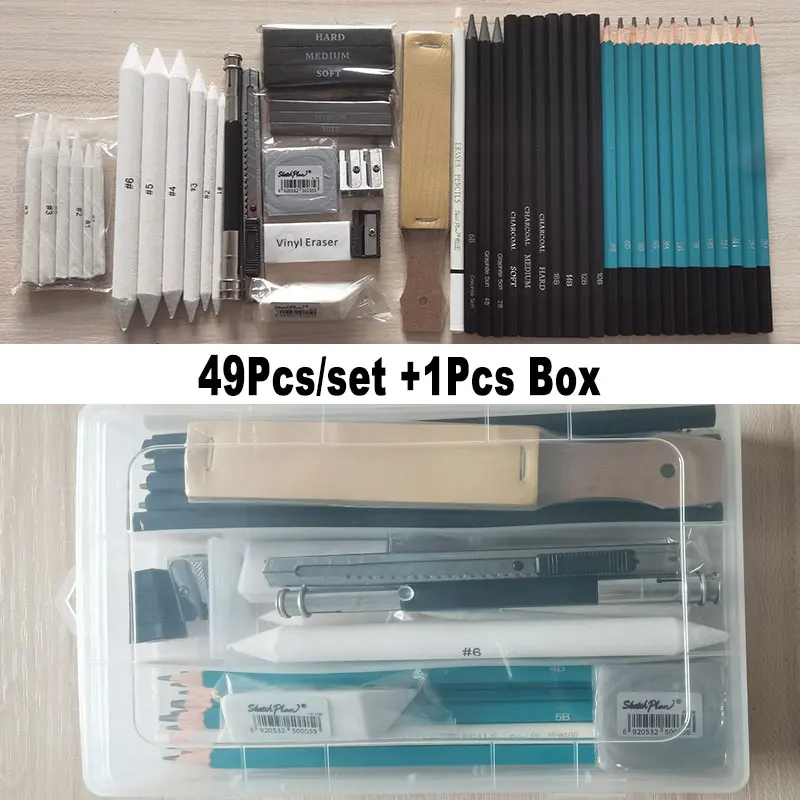 

33Pcs 50Pcs Art Set Sketch Kit With Box Organizer Case Artist Drawing Pencil 5H-8B Charcoal Graphite Stick Bar Rod Knead Eraser