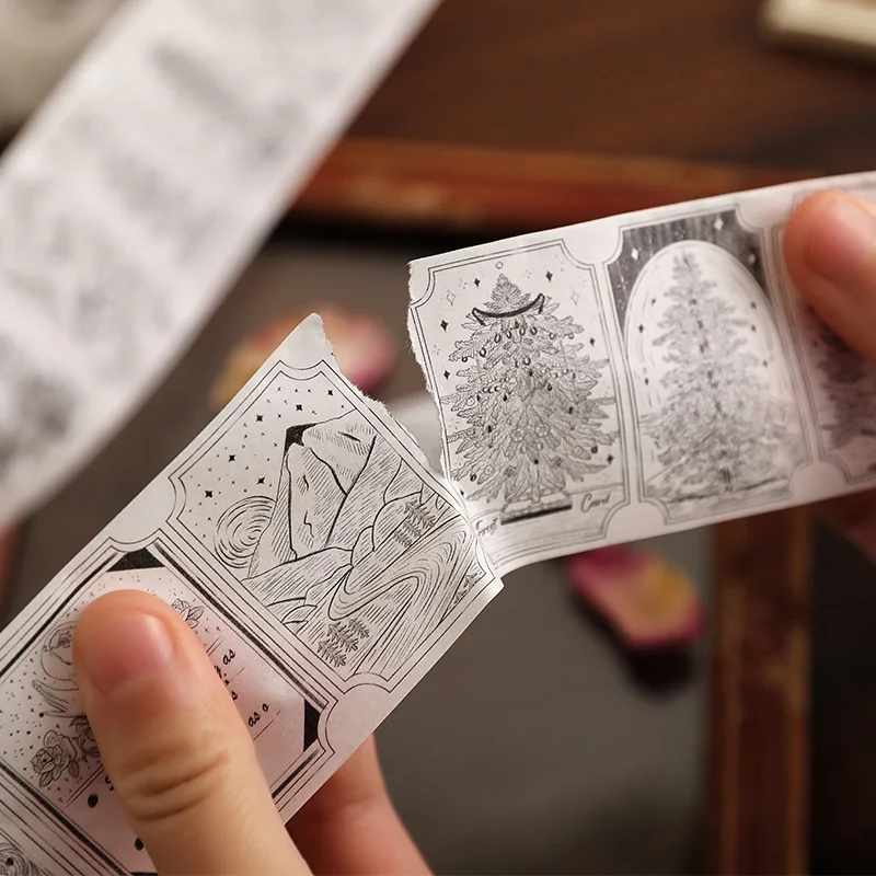 

Black and White Plant Series Adhesive Tearable Washi Tape DIY Scrapbooking Sticker Label Retro Castle Trees Flowers Masking Tape