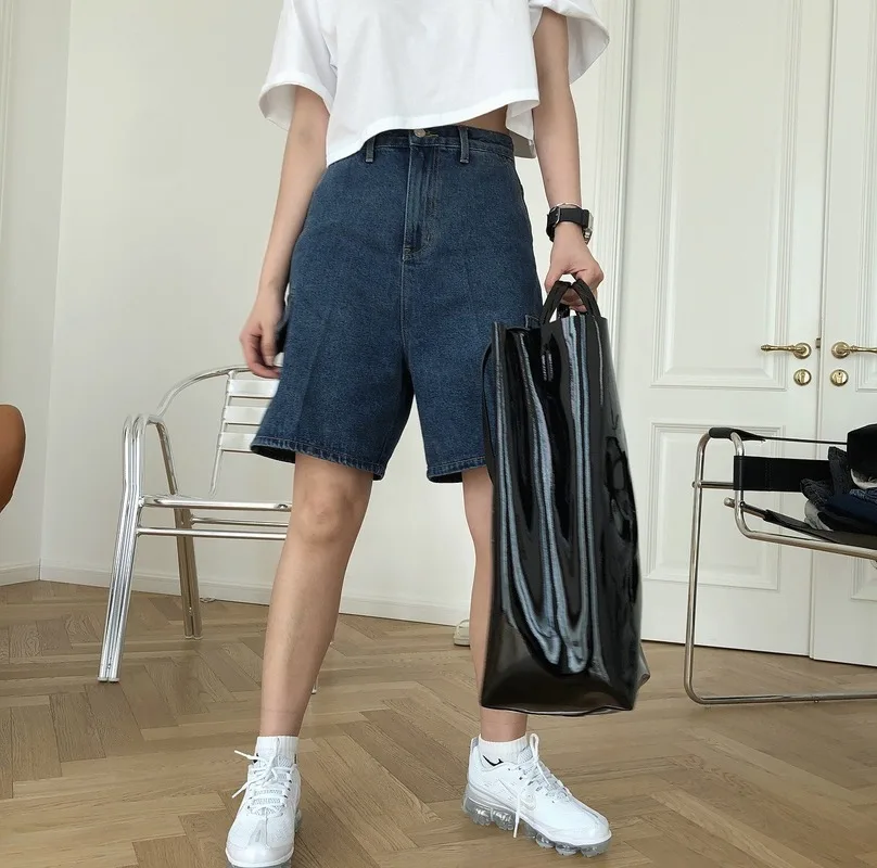 

2021 Summer New Street Fashion Women Loose Wild Five-point Solid Shorts Indie High Waist Blue Denim Y2K Pocket Straight Shorts