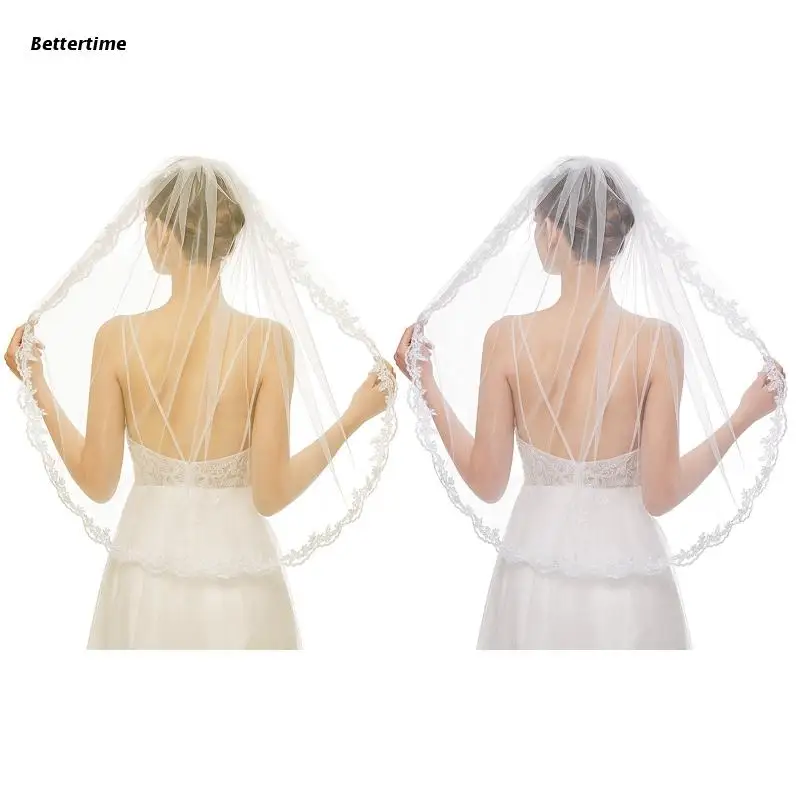 

B36D Bridal Veil with Metal Comb Fingertip Length Elegant Sheer Tulle Lace Appliques Decoration Headwear White Wedding Veils