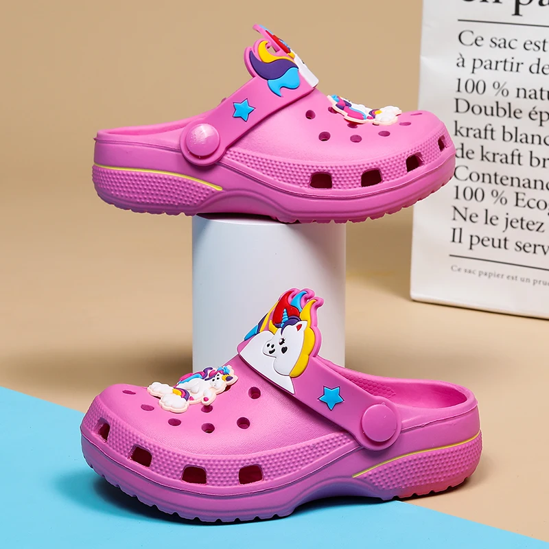 

New Children Cute Cartoon Clogs Kids Mules Summer Croc Beach Slippers Sandals Cave Hole Baby Unicorn Garden Shoe For Boys Girls