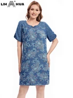 lih hua womens plus size denim dress summer casual cotton woven print short sleeve dress