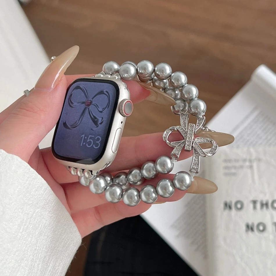 Фото Роскошный эластичный ремешок с бантом и жемчугом для Apple Watch Band S10 9 8 7 6 SE 5 4 3 38/40/41/42/44/45/46/49 мм браслет IWatch Ultra 2 №4