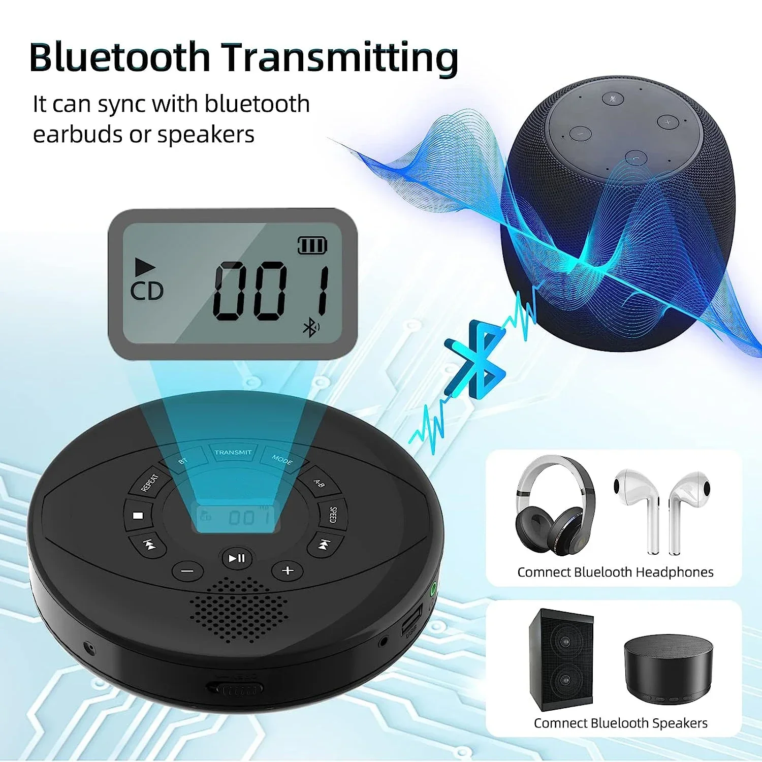 Фото Цифровой CD-плеер HY с Bluetooth, портативный проигрыватель CD/Discman со встроенными динамиками, перезаряжаемый музыкальный проигрыватель с портами USB/AUX/для наушников №5