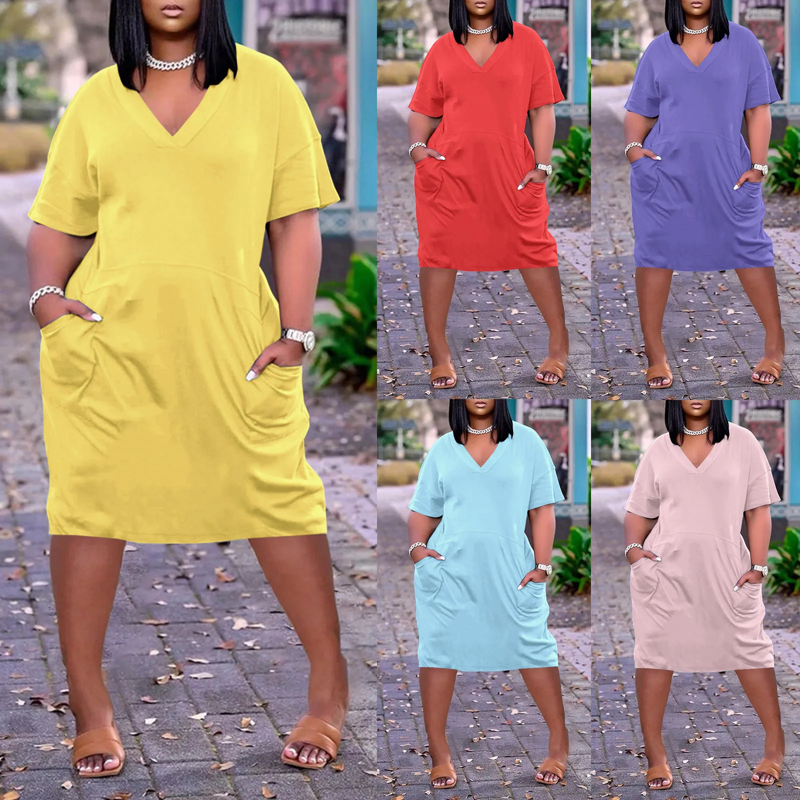 2023 New Solid Color Sexy Africa Dress Fashion Women Short Sleeve Dresses Sexy Girls Boho V-Neck Loose Beachwear Midi Dress